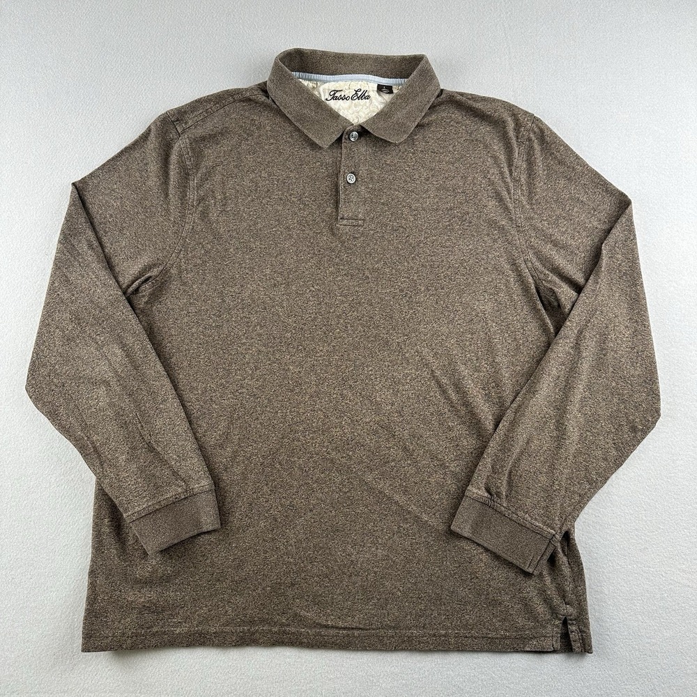 Tasso Elba Polo Shirt Mens Large L Brown Long Sleeve Cotton Heathered Collared